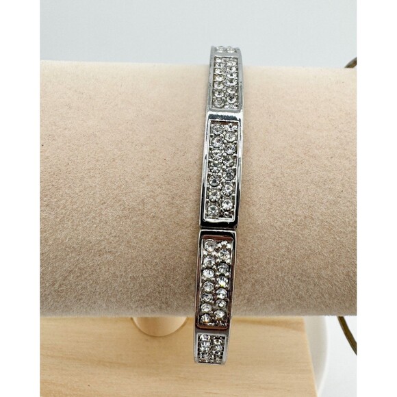 4 Silver Tone Stackable Bracelets Vintage Rhinestone Pearl Inspirational Heart - Picture 3 of 14